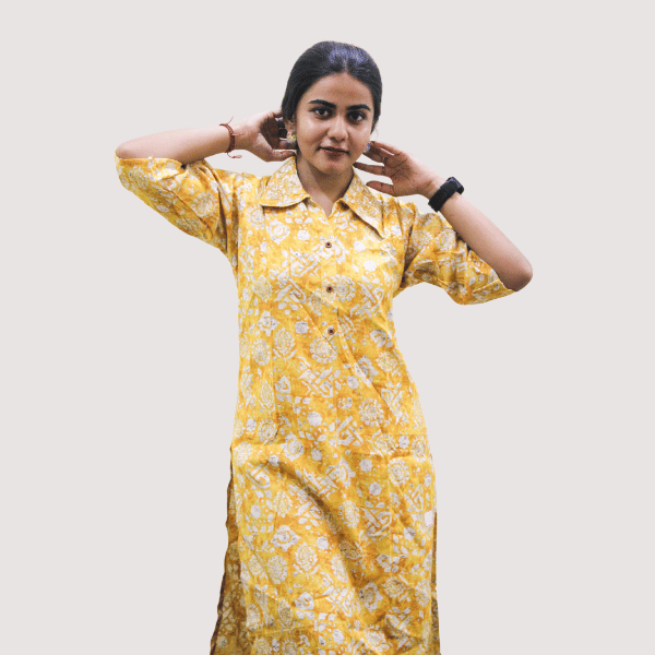 Woman's Beautiful Heavy Work High-Neck Yellow Cotton Silk Kurta with Floral Print, Paired with Afghani Pants