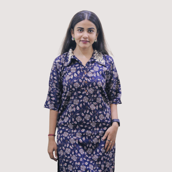 Women's Beautiful Cotton Floral Print High-Neck Heavy Work Blue-Pink Kurti with Afghani Pants